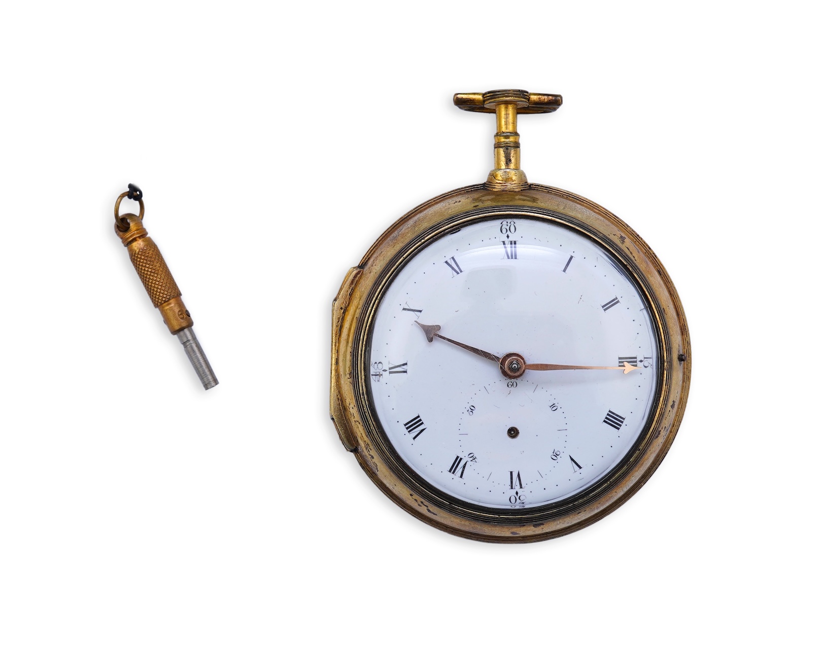 A George III silver gilt pair cased rack lever keywind pocket watch by P. Litherland & Co, Liverpool, with Roman dial and subsidiary seconds (hand missing)